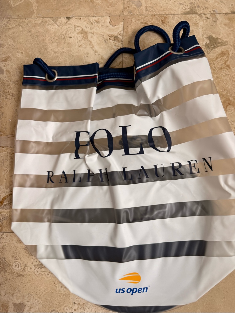 Ralph Lauren White & Tan Striped Tote with Navy Accents